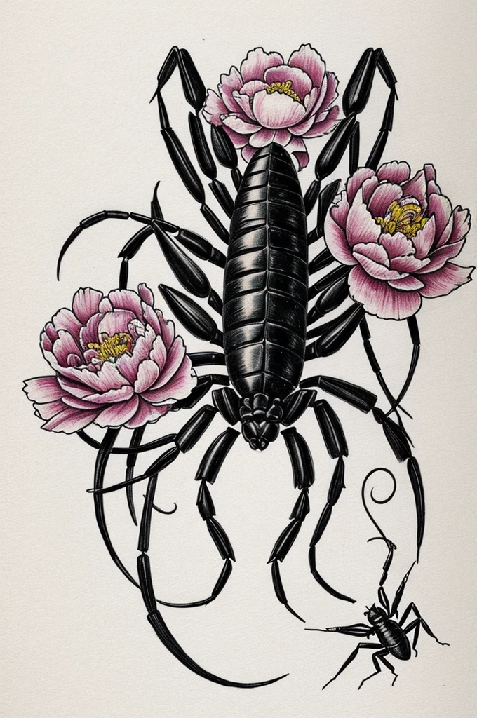 Generate a drawing for a tattoo where a scorpion and a peony appear