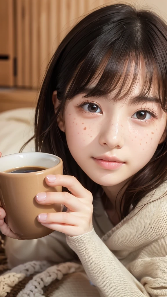 Cute woman wrapped in a fluffy blanket、((25-years old))、japanes、sitting on、1 girl in、Japanese narrow studio apartment、Hold a ceramic coffee cup with both hands、viewer is looking down、a picture、35mmfilmg、Sleepy face、short-hair、waved hair、disheveled hair、Fix、no-makeup、Plump lips、Detailed finger、real looking skin、Spoiled face、face with small mole、I have a few freckles、Biologically correct fingers