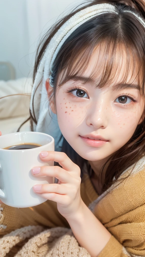 Cute woman wrapped in a fluffy blanket、((25-years old))、japanes、sitting on、1 girl in、Japanese narrow studio apartment、Hold a ceramic coffee cup with both hands、viewer is looking down、a picture、35mmfilmg、Sleepy face、short-hair、waved hair、disheveled hair、Fix、no-makeup、Plump lips、Detailed finger、real looking skin、Spoiled face、face with small mole、I have a few freckles、Biologically correct fingers
