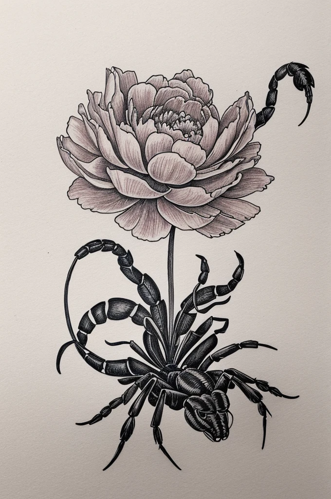 Generate a drawing for a tattoo where a scorpion and a peony appear, a somewhat simple drawing