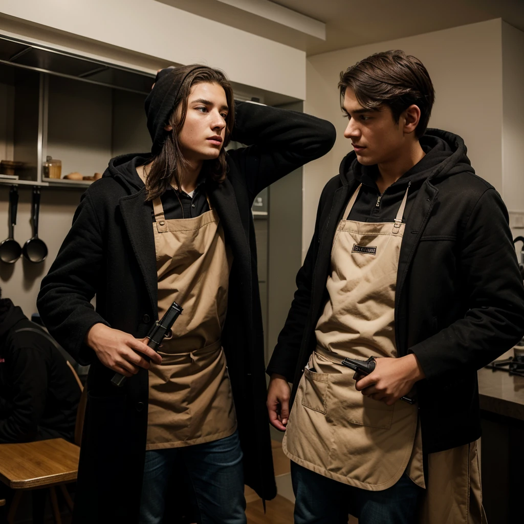 A teenager in an apron points a shotgun at a man in a black coat and hood 