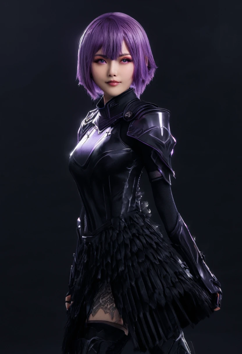 full body, masterpiece, best quality, 1girl, (detailistic), dark armor, dark cross shield, mash kyrielight, light purple hair, short hair, hair over one eye, smile, slim body, detailed eyes, ultra-detailed, hyper-realistic, 8k, cinematic lighting, dramatic lighting, dramatic atmosphere, intricate details, exquisite details, flawless skin, beautiful face, elegant pose, powerful presence, captivating expression, vibrant colors, stunning contrast