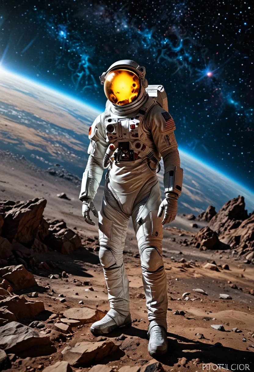 A fierce space explorer with short, spiky hair, wearing a sleek, high-tech spacesuit, standing on the surface of an alien planet with a vibrant, otherworldly landscape, (best quality,8k,highres,masterpiece:1.2), ultra-detailed, (realistic, photorealistic, photo-realistic:1.37), alien flora, glowing atmosphere, futuristic, adventurous, epic