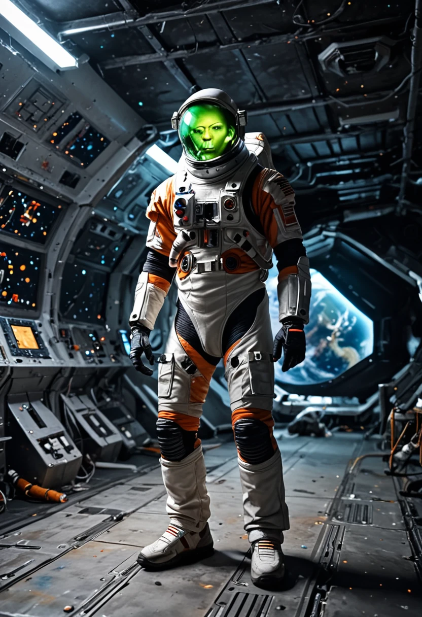 A fierce space explorer with short, spiky hair, wearing a sleek, high-tech spacesuit, standing on the surface of an alien planet with a vibrant, otherworldly landscape, (best quality,8k,highres,masterpiece:1.2), ultra-detailed, (realistic, photorealistic, photo-realistic:1.37), alien flora, glowing atmosphere, futuristic, adventurous, epic