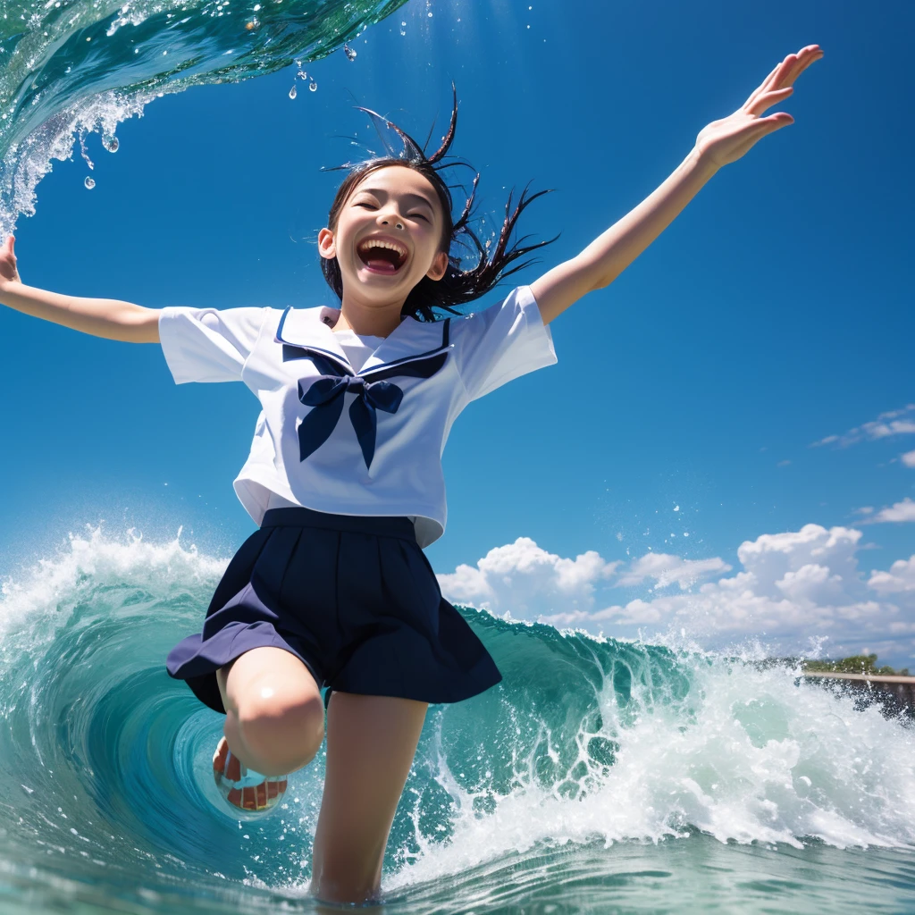 1girl,masterpiece, ;beautiful girl、8K quality, High definition, realistic pictures, professional writing, There is a woman jumping in the air from underwater to the sky., ((A pose that looks like dancing with the face facing upwards)), face upwards, dance in the air,artistic swimming, jump towards the viewer, jump towards viewer, she is floating in the air, jump into the air, jump on the audience, jump, jump with arms up, floating in the air, floating on the ground, Jump for joy, jump pose, horizontally jump!!!, wearing a sailor suit, high school girl,((Big wave crashing down)), ((Splashes of water splashing from the body)), Clear blue sky and white clouds, Sunlight flares
