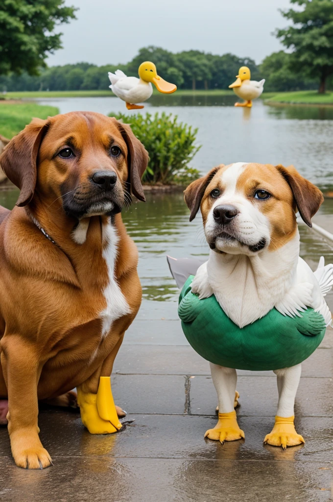 Create an image of puppy and duck friendship very clear