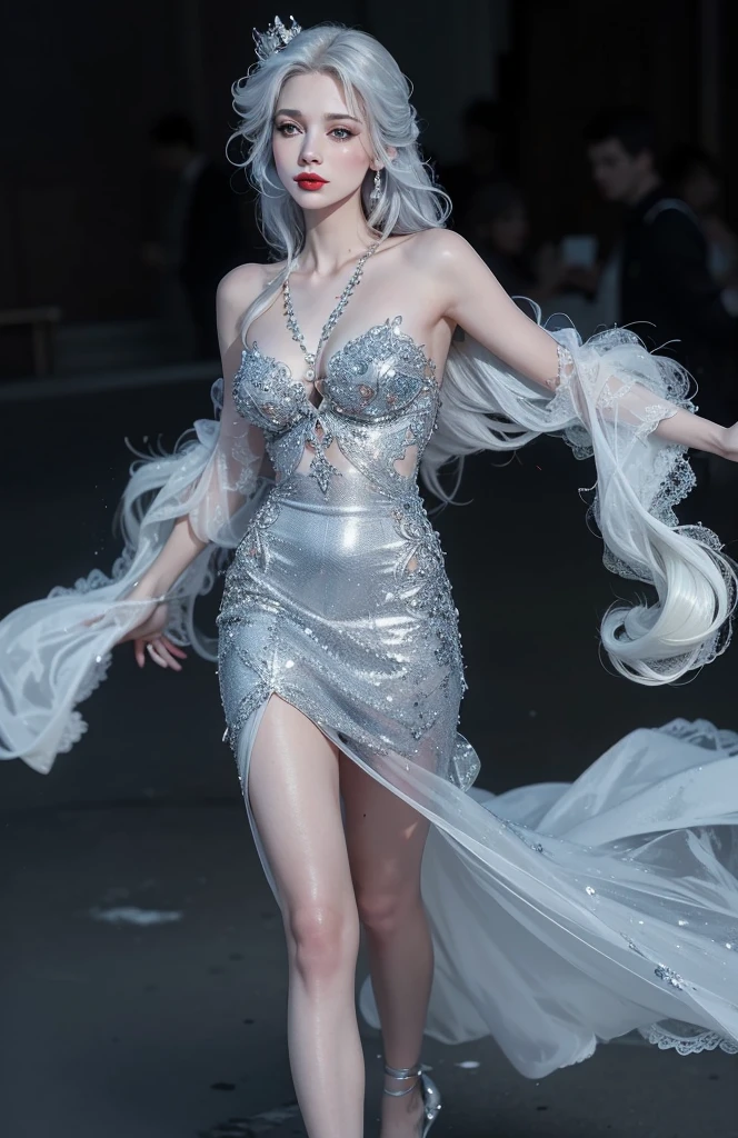 Hermosa piel detallada, cuerpo detallado , pechos grandes, vestido de gala plateado