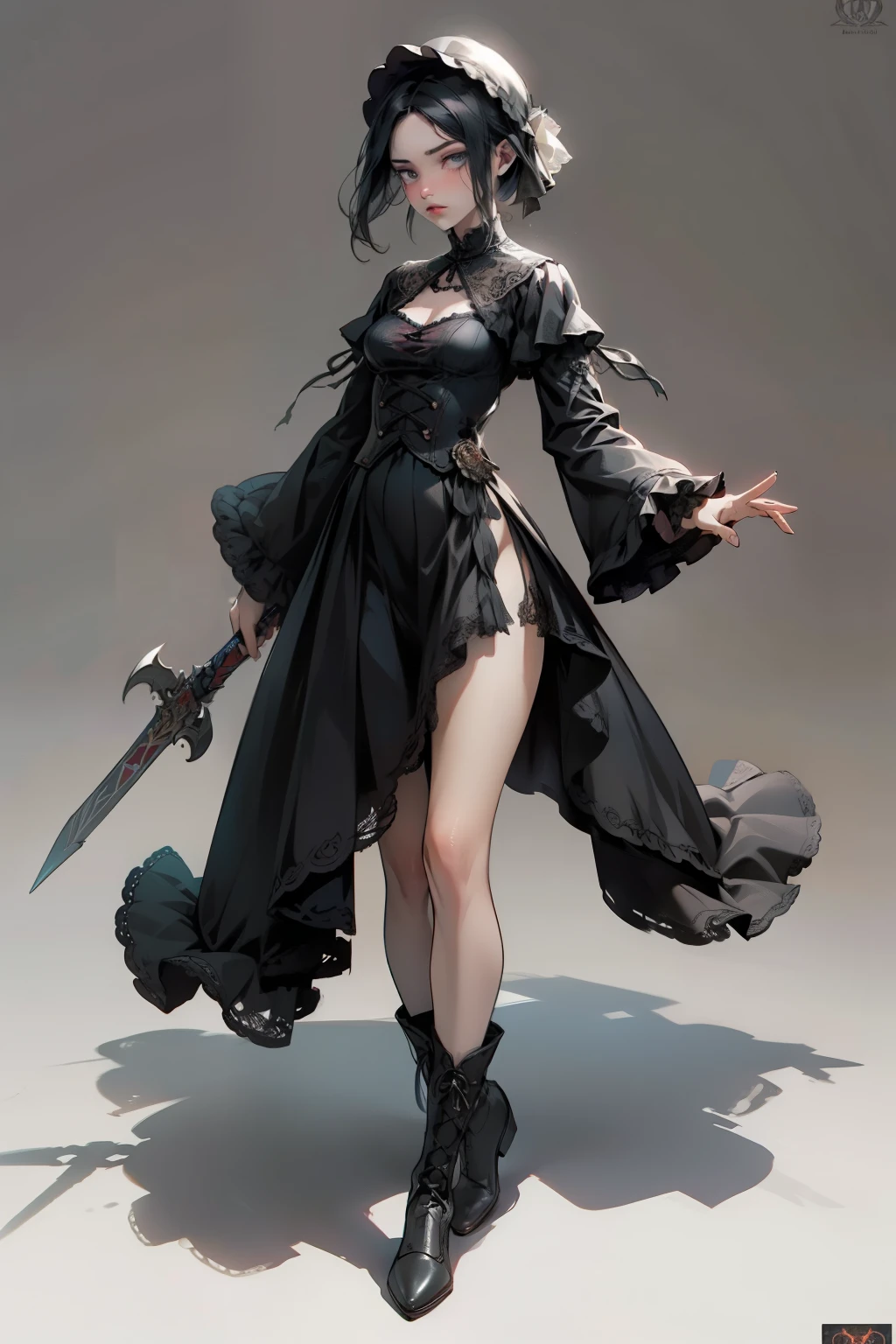 ((best quality)), ((masterpiece)), (detailed), blank white background, plain background, white background, red and white clothing, Bloodborne inspired, occult aesthetic, occult, detailed and intricate steampunk and detailed gothic, NSFW, Very dramatic and cinematic lighting, cosmic horror, grim-dark, side-lighting, perfect face, NSFW, Fluttering lace flared long knee length dress with frilly petticoats, knee length dress, pleated petticoats, lolita dress, petticoats gothic lolita, complex lace boots, side-lighting, gothic lolita aesthetic, wielding a mighty sword with mechanical components, carbine, NSFW, beautiful small breasts, small breasts, full body, whole body, body, plain background, white background, blank background, no background, white background NSFW, full body, whole body, head-to-toe NSFW