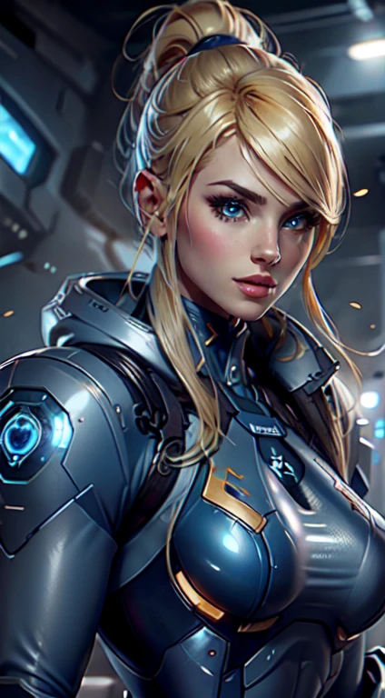 a close up of a woman blond hair in a futuristic blue suit standing next to a robot, cybersuit, cybersuits, diverse cybersuits, cyber suit, unreal engine character art, girl in mecha cyber armor, sci-fi skin, platinum skin, epic sci-fi character art, epic sci - fi character art, energetic varia suit, starcraft 2 videogame character, 8K image quality, Masterpiece