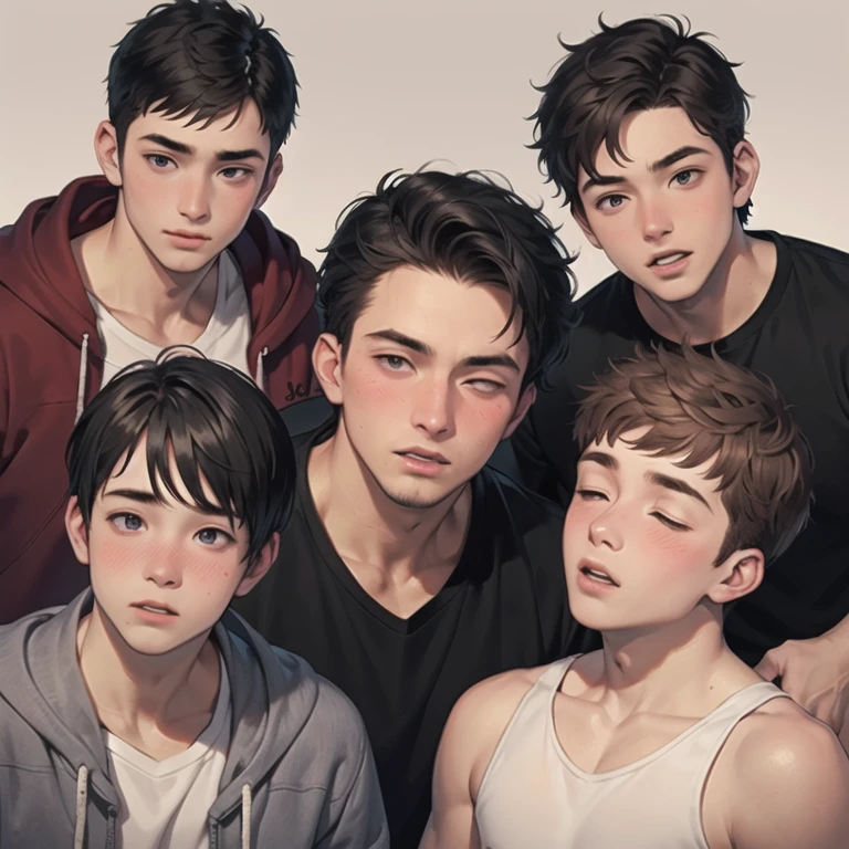 ((masterpiece, Best quality)), realistic, Men 30 years old and boys 18 years old.,, boys with open limbs, the right eye is closed and the left eye is also closed, in a trance. very short black hair, blush, vulgarity, top to bottom bottom to top, hard breath, Back style, (((Boy&#39;s face in focus))), guy grabbed by the ass from behind, Macho man inserts into boy&#39;s ass, white cream leaks from his crotch, very sweaty wet skin, Bare skin, ((flat chest)), (2Man)