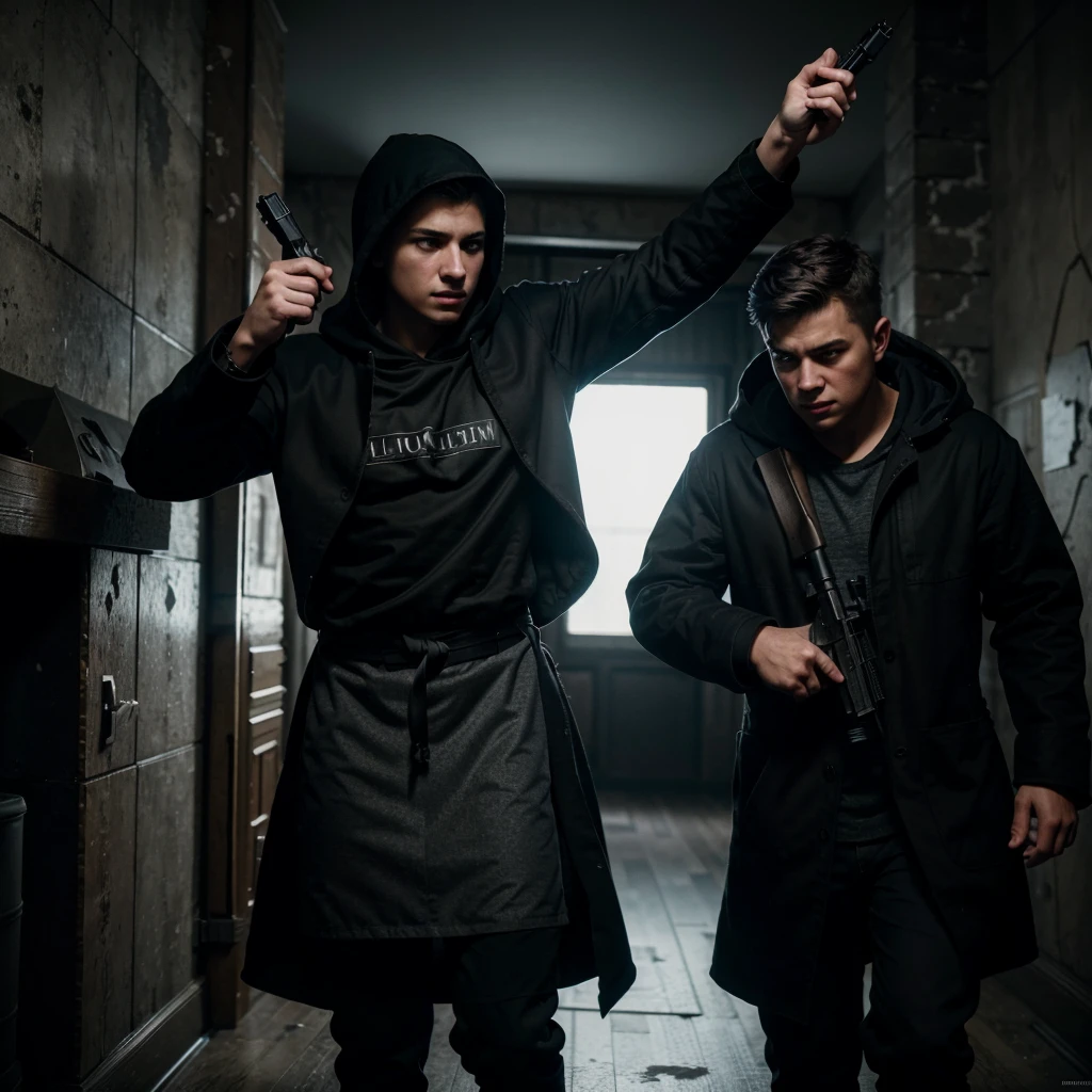 A teenager in an apron points a shotgun at a man in a black coat and hood