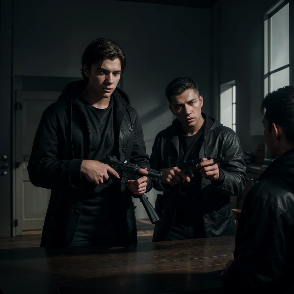 A teenage boy in an apron pointing a rifle at a man in a black coat and hood, highly detailed, cinematic lighting, unreal engine, 8k, photorealistic, dramatic, tension, chiaroscuro, moody atmosphere, deep shadows, dramatic lighting, hyper detailed, ultra realistic, masterpiece