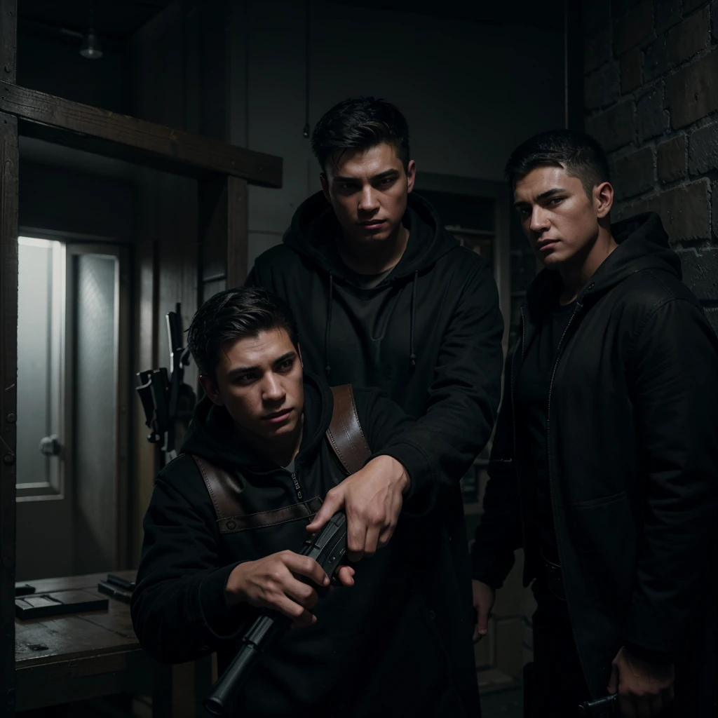 A teenage boy in an apron pointing a rifle at a man in a black coat and hood, highly detailed, cinematic lighting, unreal engine, 8k, photorealistic, dramatic, tension, chiaroscuro, moody atmosphere, deep shadows, dramatic lighting, hyper detailed, ultra realistic, masterpiece