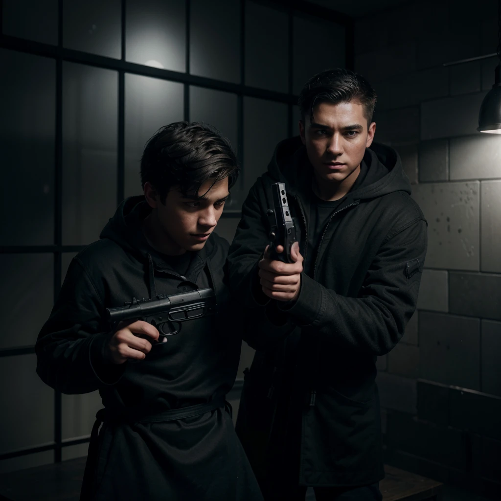 A teenage boy in an apron pointing a rifle at a man in a black coat and hood, highly detailed, cinematic lighting, unreal engine, 8k, photorealistic, dramatic, tension, chiaroscuro, moody atmosphere, deep shadows, dramatic lighting, hyper detailed, ultra realistic, masterpiece