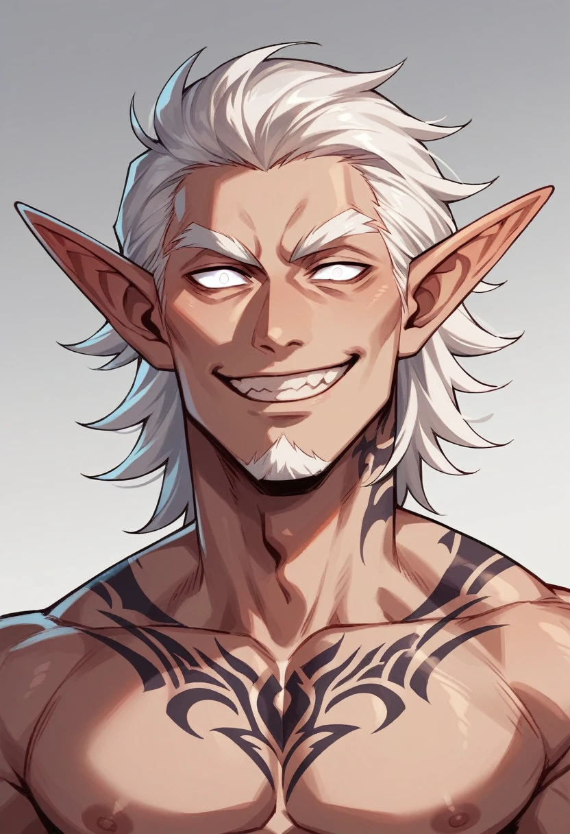 Elf Man, masculine, with white hair and tattoo on the neck. impressive eyes. evil smile.