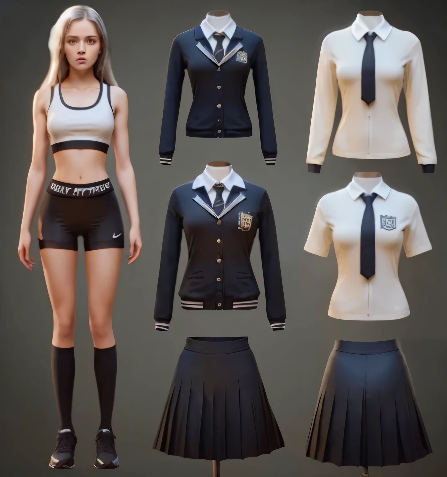 a beautiful young british school girl,1girl,black spandex shorts, piece of Hogwarts, black nike pro spandex shorts, white dress shirt, grey skirt, black british school jacket, detailed face and eyes,long hair flowing,standing in a pose,cinematic lighting,highly detailed,8k,masterpiece,fantasy art