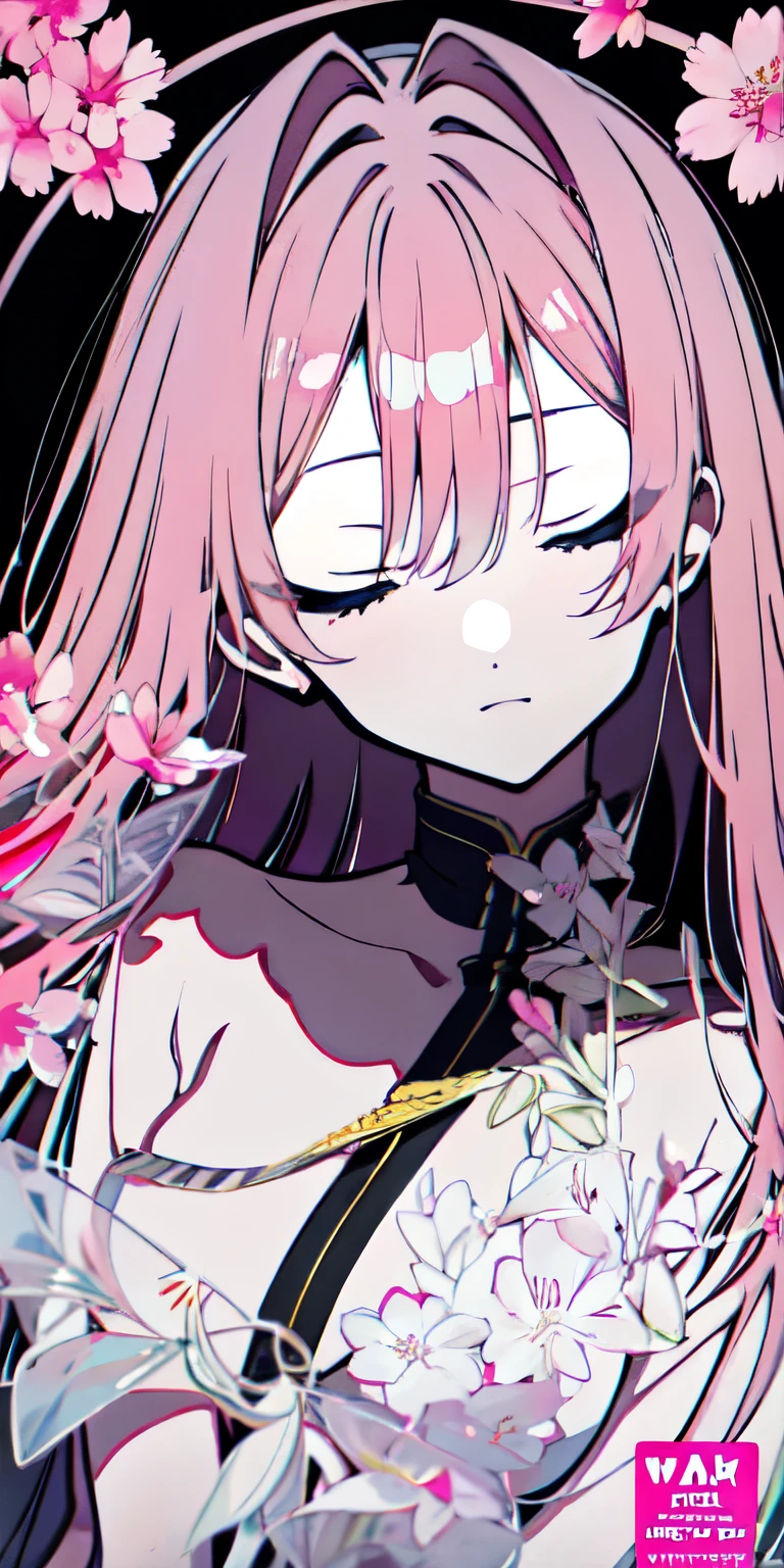 Cover magazine, anime, woman, solo, long hair, pink hair, closed eyes, model, beautiful, half body portrait, many butterflies, Megurine Luka, tilted head, melancholic expression, sad expression, sakura, neon pink color palette, holding flower bouquet, full torso view