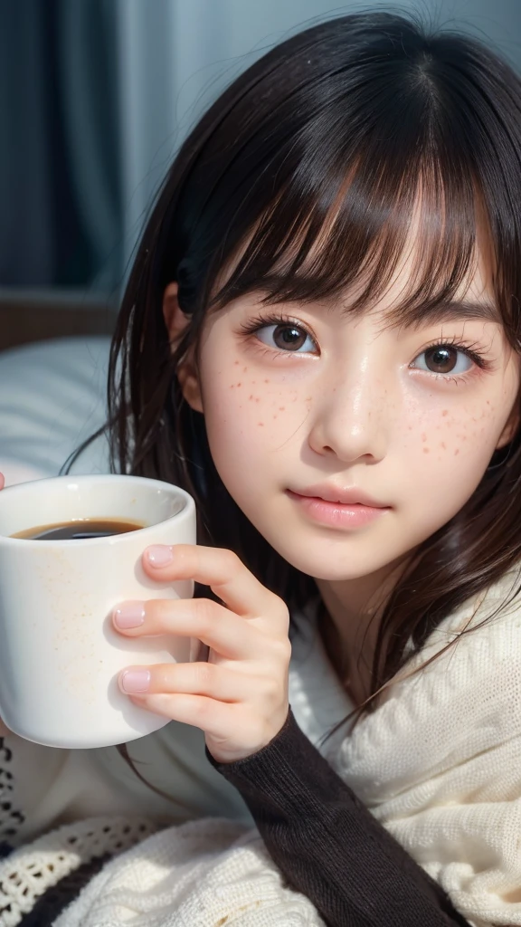 Cute woman wrapped in a fluffy blanket、((10-years old))、japanes、sitting on、1 girl in、Japanese narrow studio apartment、Hold a ceramic coffee cup with both hands、viewer is looking down、a picture、３５ｍｍfilmg、Sleepy face、short-hair、waved hair、disheveled hair、Fix、no-makeup、Plump lips、Detailed finger、real looking skin、Spoiled face、face with small mole、I have a few freckles、Biologically correct fingers