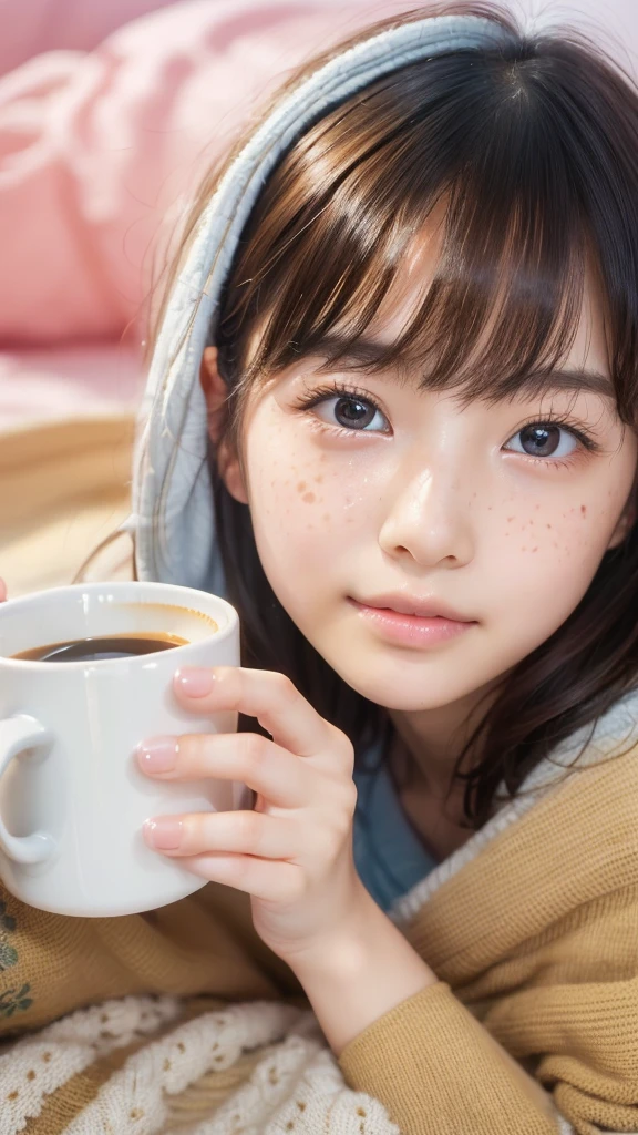 Cute woman wrapped in a fluffy blanket、((-ye、japanes、sitting on、1 girl in、Japanese narrow studio apartment、Hold a ceramic coffee cup with both hands、viewer is looking down、a picture、３５ｍｍfilmg、Sleepy face、short-hair、waved hair、disheveled hair、Fix、no-makeup、Plump lips、Detailed finger、real looking skin、Spoiled face、face with small mole、I have a few freckles、Biologically correct fingers