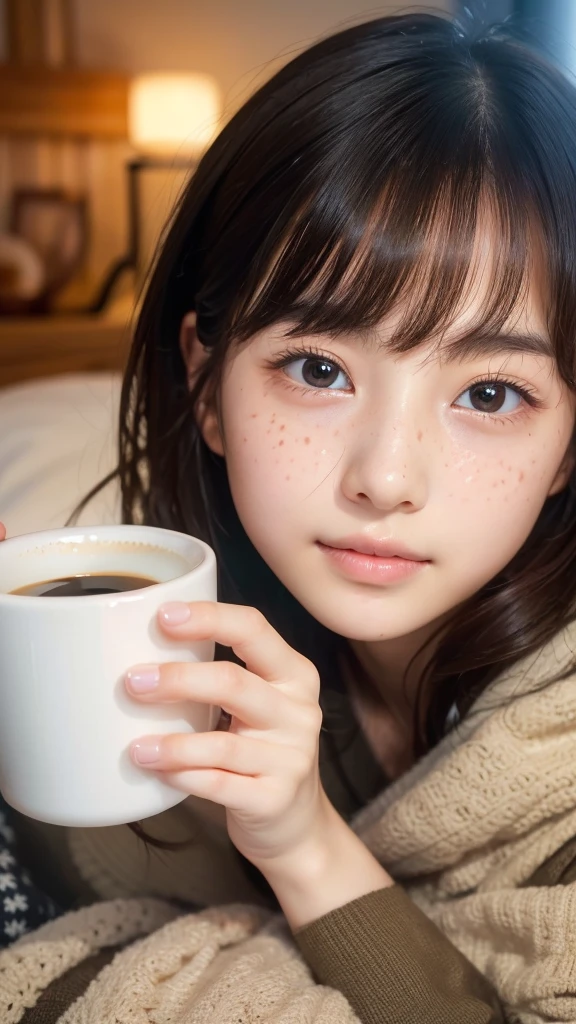 Cute woman wrapped in a fluffy blanket、((-ye、japanes、sitting on、1 girl in、Japanese narrow studio apartment、Hold a ceramic coffee cup with both hands、viewer is looking down、a picture、35mmfilmg、Sleepy face、short-hair、waved hair、disheveled hair、Fix、no-makeup、Plump lips、Detailed finger、real looking skin、Spoiled face、face with small mole、I have a few freckles、Biologically correct fingers