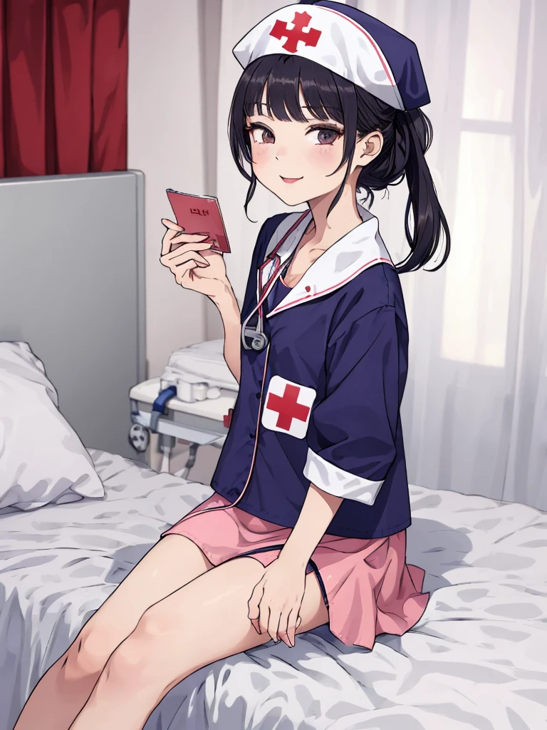 1girl,yo,,on bed,nurse hat,nurse costume,miniskirt