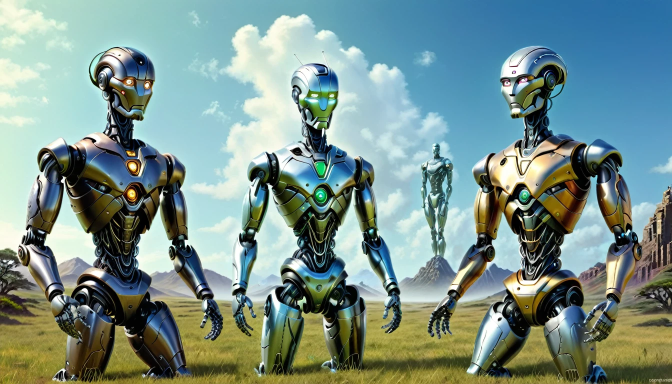 robots, modelos de robots, dois robots, an old, a chain, the most detailed, robots, Robot with brain, old versus new, humanoid body, humanoid body for the autal robot, old body for the old man, scenery, futuristic scenery, robots in the scenery,