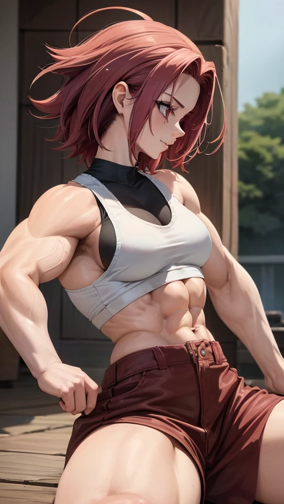 ((bloodstains)), ((respingos de bloodstains)), ((bloodstains nas roupas)), ((mancha de bloodstains)), hospital, (nurse uniform), (has an electric saw), (zombie's), absurderes, foto RAW, extremely delicate and beautiful, Masterpiece artwork, muscular woman, Aparencia Sakura Haruno, extremamente musculosa extremely large physique, extremely muscular legs, extremely muscular arms, Sakura Haruno from Naruto,extremely large physique, very muscular,best qualityer, ultra-high resolution, 32k, hyper realist, ultra-detailed, Detailed Description, skin fair, 20 year, crying mole, 耳环, Colossal, short medium hair, wavyhair, evil smile, full body shot, sakura haruno, bloodstains, muito bloodstains,