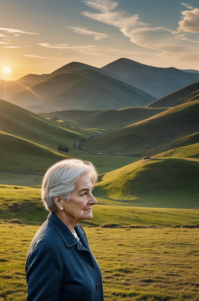 Make me an image, give me an older adult, a , an adult, a woman who represents the family and in the background they are accompanied by a landscape that is looking straight ahead, animated and that also represents how those generations from the oldest to the newest