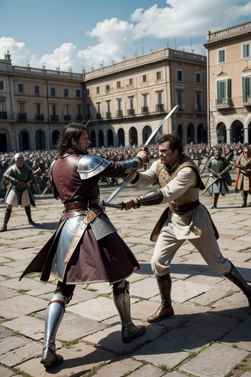 In a large square, 2 17th century Italian nobles fight with pointed swords.