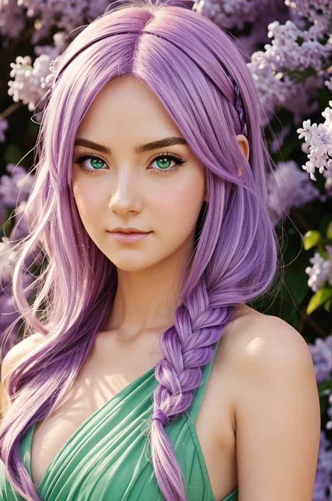 Anime style Greek goddess with lilac hair and green eyes