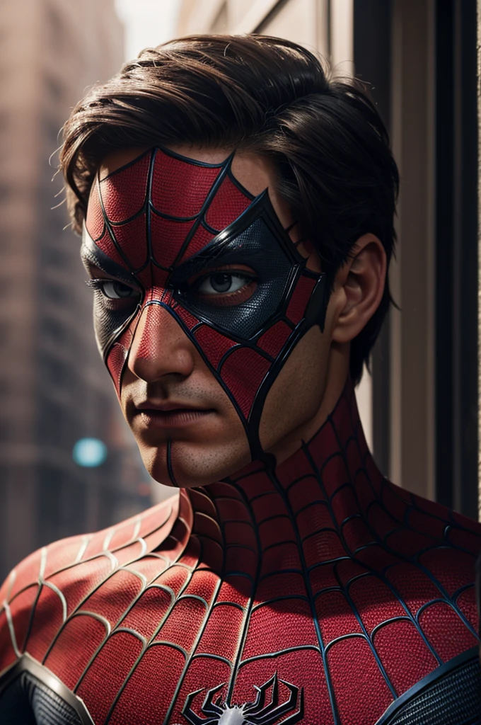 A photograph of Spider-Man., sin mascara, the 20s, elegant, detailed face, looking to the camera, portrait, 8k hd, high quality
