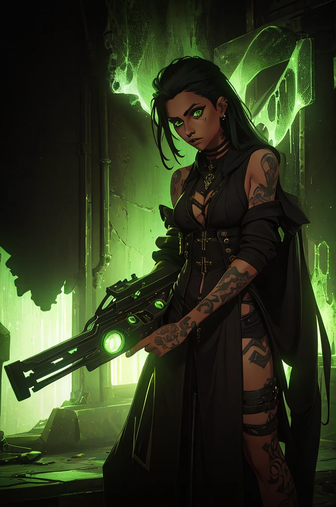 only one girl, black hair and phospor green underlights, green eyes, has tattoos, piercings, light skin but not that light, dressed in dark fantasy style, long hair gothic dark style punk diesel, with one weapon, black background