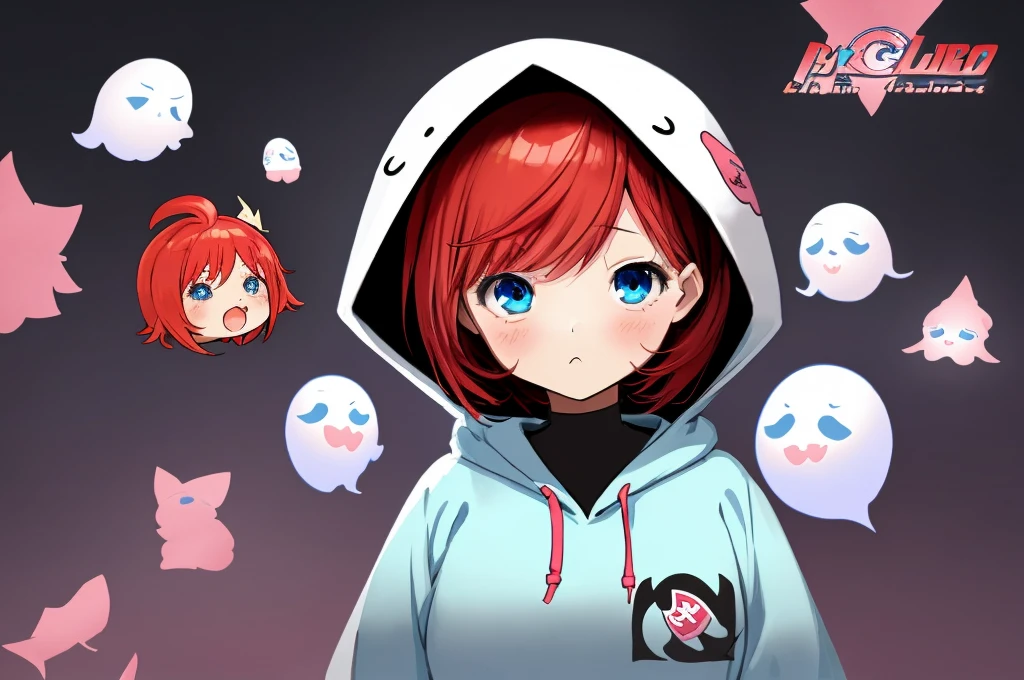 ANIME Chibi Girl logo, A CUTE girl, wearing a ghost costume with a hood, no details on the costume, red hair, blue eyes. The logo style should be in anime kawaii style, artistic. No six fingers, short hair, No detailed drawing, No long hair. Simple withe hoodie. Black background