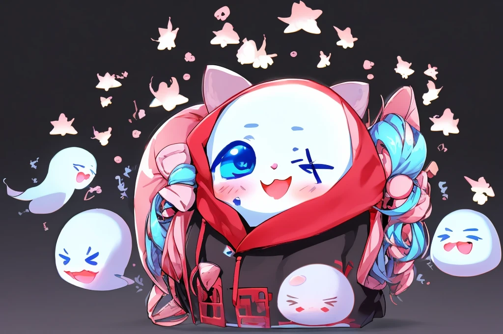 ANIME Chibi Girl logo, A CUTE girl, wearing a ghost costume with a hood, no details on the costume, red hair, blue eyes. The logo style should be in anime kawaii style, artistic. No six fingers, short hair, No detailed drawing, No long hair. Simple withe hoodie. Black background