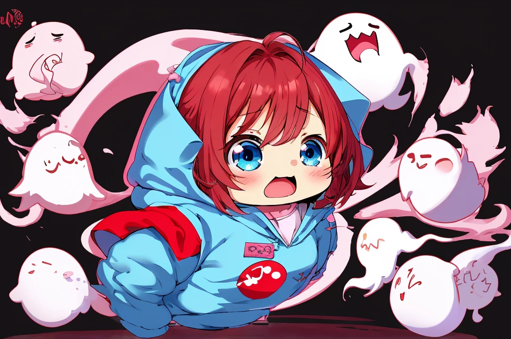 ANIME Chibi Girl logo, A CUTE girl, wearing a ghost costume with a hood, no details on the costume, red hair, blue eyes. The logo style should be in anime kawaii style, artistic. No six fingers, short hair, No detailed drawing, No long hair. Simple withe hoodie. Black background