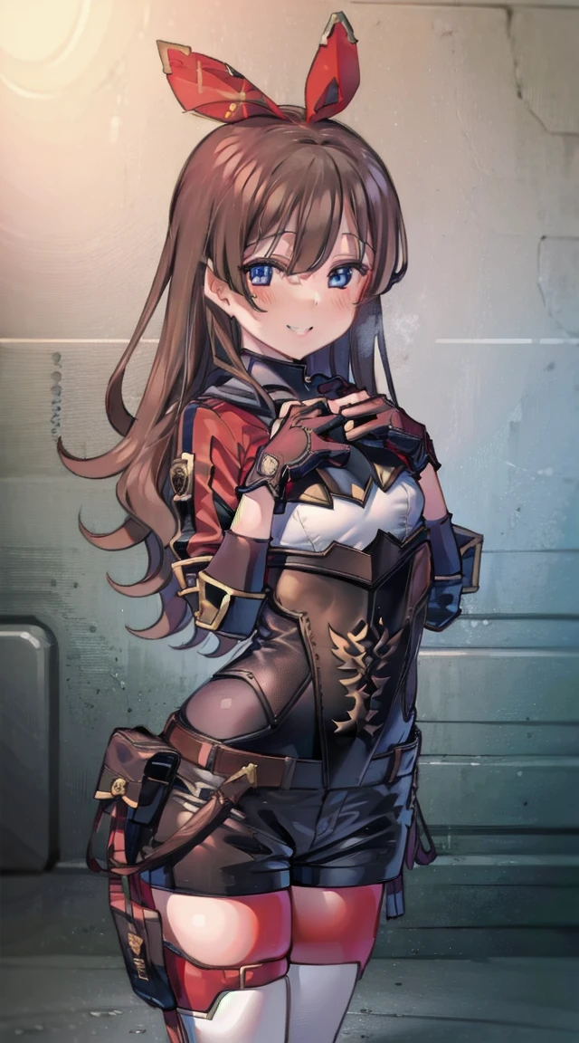 1girl,
BREAK (( \(genshin impact\), brown eyes, brown hair, long hair, red hair ribbon, brown short shorts, leather gloves, pouch, thighhighs, white boots, small breast, cleavage, \(clothing\):1))
BREAK ((smiling,,flat chests,:1.6))
BREAK indoors,
BREAK looking at viewer, 
BREAK (masterpiece:1.2), best quality, high resolution, unity 8k wallpaper, (illustration:0.8), (beautiful detailed eyes:1.6), extremely detailed face, perfect lighting, extremely detailed CG, (perfect hands, perfect anatomy),