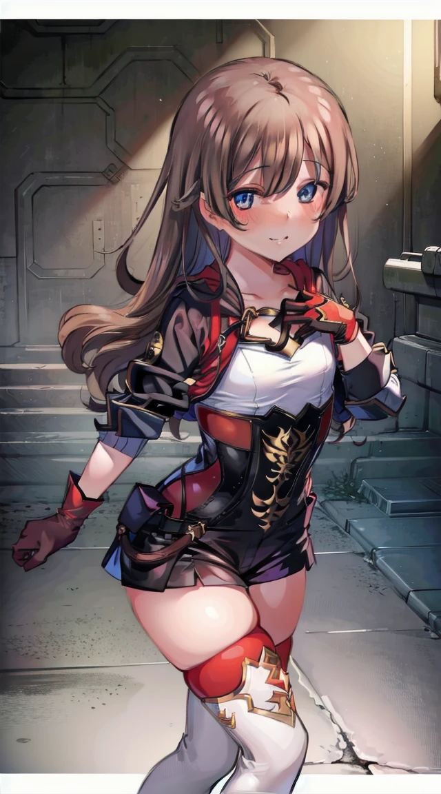 1girl,
BREAK (( \(genshin impact\), brown eyes, brown hair, long hair, red hair ribbon, brown short shorts, leather gloves, pouch, thighhighs, white boots, small breast, cleavage, \(clothing\):1))
BREAK ((smiling,,flat chests,:1.6))
BREAK indoors,
BREAK looking at viewer, 
BREAK (masterpiece:1.2), best quality, high resolution, unity 8k wallpaper, (illustration:0.8), (beautiful detailed eyes:1.6), extremely detailed face, perfect lighting, extremely detailed CG, (perfect hands, perfect anatomy),