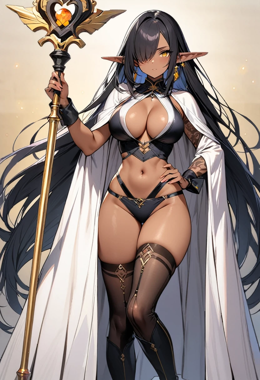 (masterpiece:1.2), (highest quality:1.2), 1girl, solo, pointy-ears, dark-skin, breasts, dark-skinned-female, staff, transparent-background, dark-elf, large-breasts, black-hair, cape, elf, earrings, full-body, jewelry, tattoo, thighhighs, hair-over-one-eye, very-long-hair, navel, yellow-eyes, high-heels, boots, underwear, cleavage, looking-at-viewer, holding, panties,
