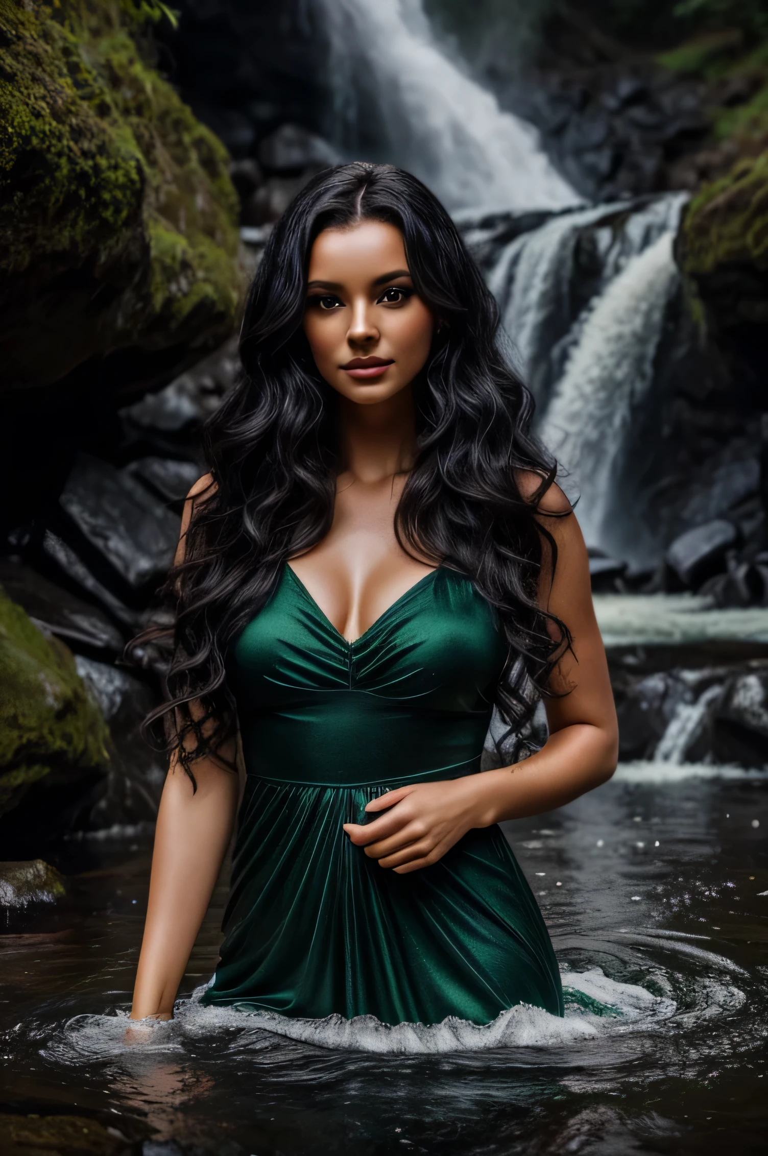 Woman, long curly black hair, green eyes, light makeup, wearing a black beautiful dress, posing in a waterfall, soft lens, photorealistic portrait