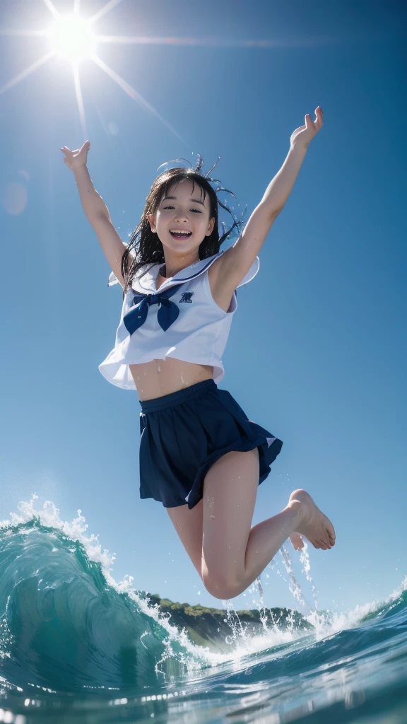 masterpiece, 8K quality, High definition, realistic pictures, professional writing, There is a woman jumping in the air from underwater to the sky., ((A pose that looks like dancing with the face facing upwards)), face upwards, dance in the air,artistic swimming,  jump towards the viewer, jump towards viewer, she is floating in the air, jump into the air, jump on the audience, jump, jump with arms up, floating in the air, floating on the ground, Jump for joy, jump pose, horizontally jump!!!, wearing a sailor suit, high school girl,((Big wave crashing down)), ((Splashes of water splashing from the body)),  Clear blue sky and white clouds, Sunlight flares