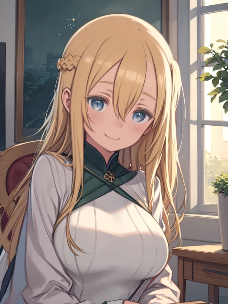 One Girl、Long blonde、Hair between the eyes、Big Breasts、Green Turtleneck Sweater、White Cape、Cottage window、Wooden table、Sitting in a chair、Sleepy eyes、Gazing into the distance、Looking out the window、Upper Body、Smiling、Flat Color、Potted plants、Light coming through the window、Particles of light、