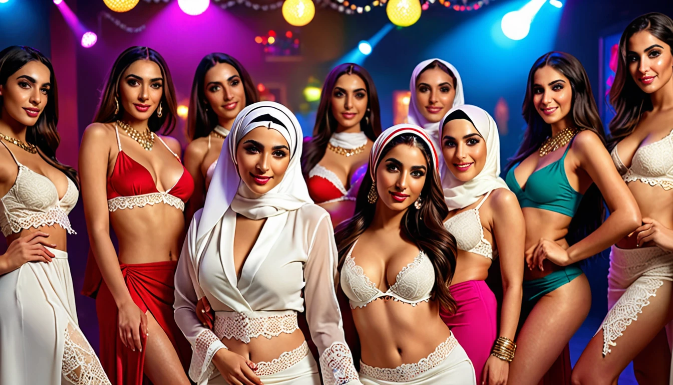 ((Best quality, 8k, Masterpiece :1.3)), (realistic, photo-realistic:1.37) A charismatic man wearing Arabic clothes is surrounded by seven young sexy Arab women wearing hijabs with sexy white lace bras. seductive face, Some gently place their hands on his shoulders or body, creating an intimate and exciting scene. colourful discotheque lights and partying, (full body shot, top quality), (masterpiece), photorealistic,light spot