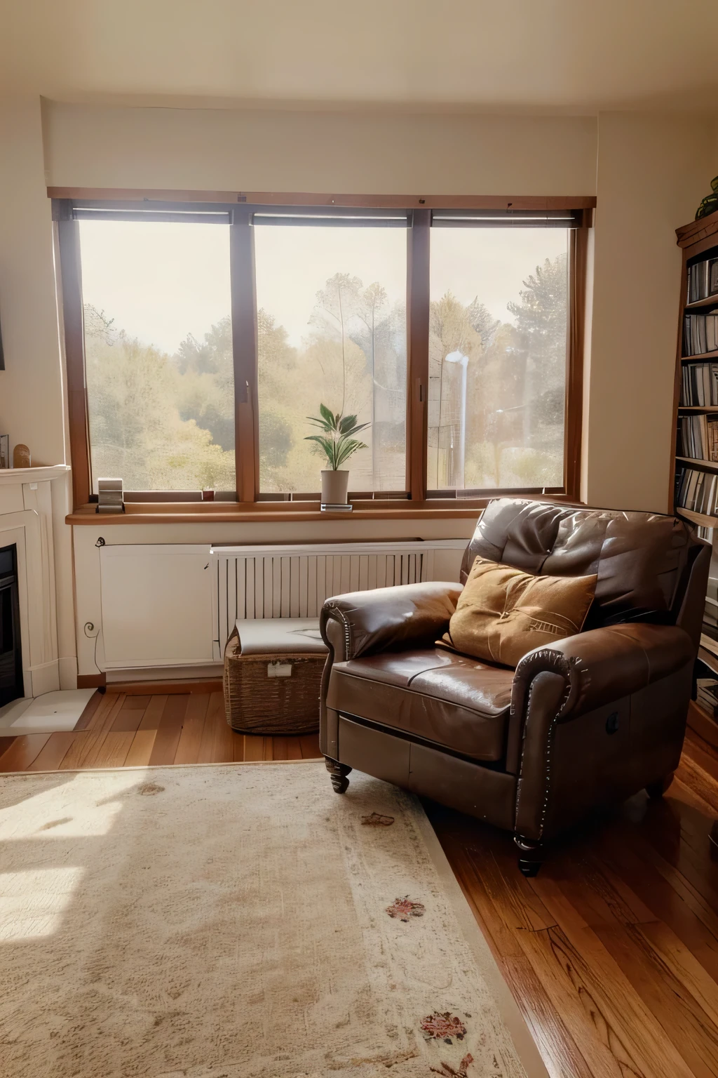 A high-resolution photorealistic image of a cozy and inviting living room interior, perfectly set up for use as a virtual background in a live stream. The room should be bathed in warm, natural light from a window just out of frame. Include comfortable furniture like a plush armchair and a bookshelf filled with interesting les.