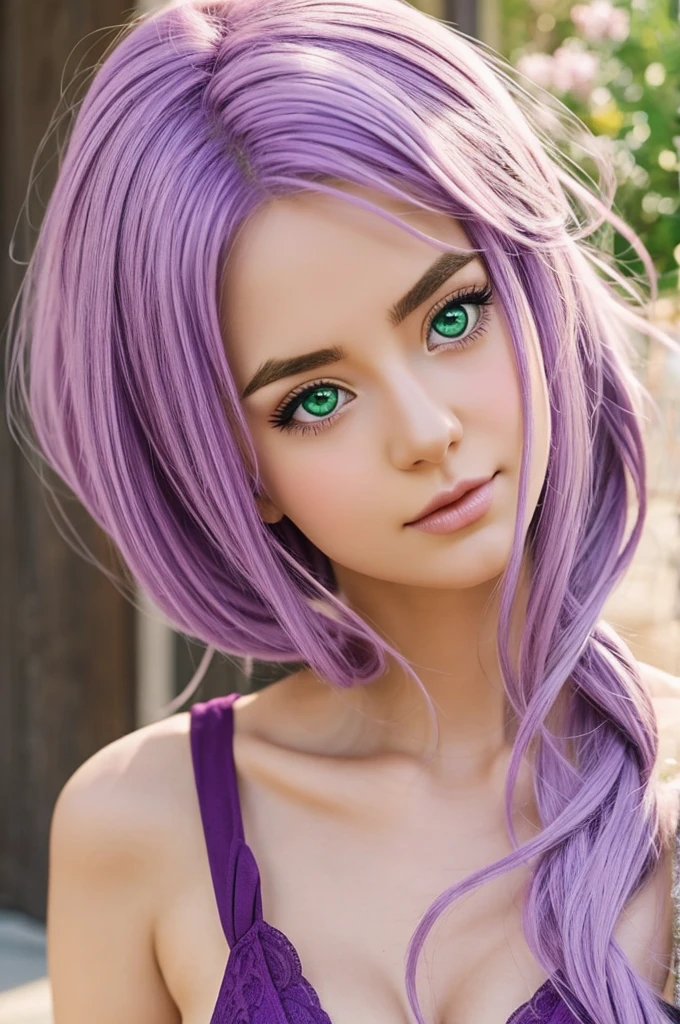 Anime style Greek goddess with lilac hair and green eyes 