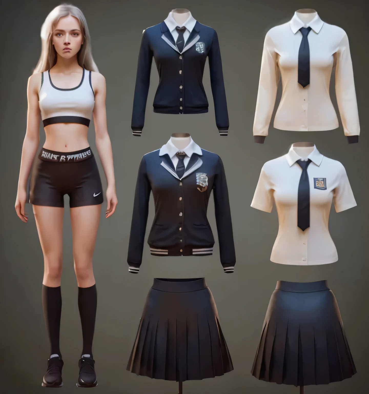 a beautiful young british school girl,1girl,black spandex shorts, piece of Hogwarts, black nike pro spandex shorts, white dress shirt, grey skirt, black british school jacket, detailed face and eyes,long hair flowing,standing in a pose,cinematic lighting,highly detailed,8k,masterpiece,fantasy art