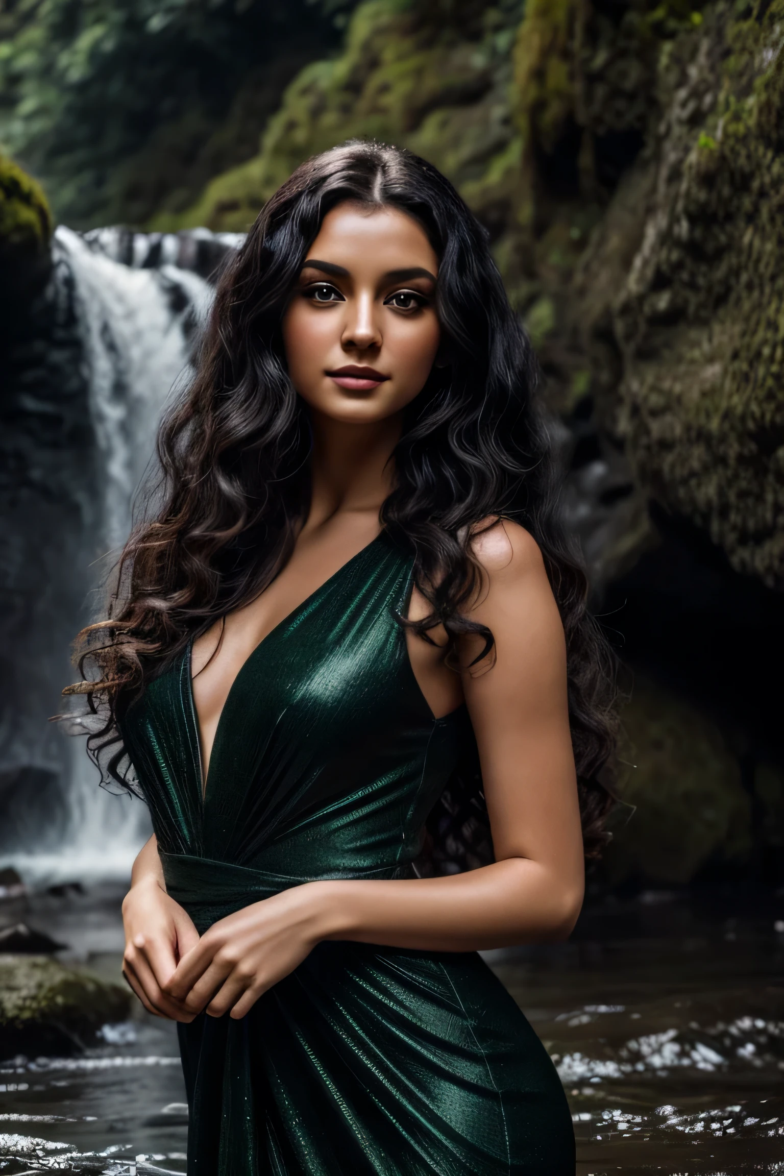 Woman, long curly black hair, green eyes, light makeup, wearing a black beautiful dress, posing in a waterfall, soft lens, photorealistic portrait