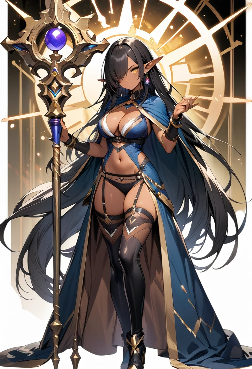 (masterpiece:1.2), (highest quality:1.2), 1girl, solo, pointy-ears, dark-skin, breasts, dark-skinned-female, staff, transparent-background, dark-elf, large-breasts, black-hair, cape, elf, earrings, full-body, jewelry, thighhighs, hair-over-one-eye, very-long-hair, navel, yellow-eyes, high-heels, boots, underwear, cleavage, looking-at-viewer, holding, panties,
