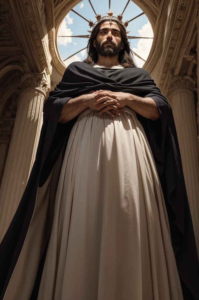 (image coming from below) Jesus looking at the sky holding the crown of thorns in his hand