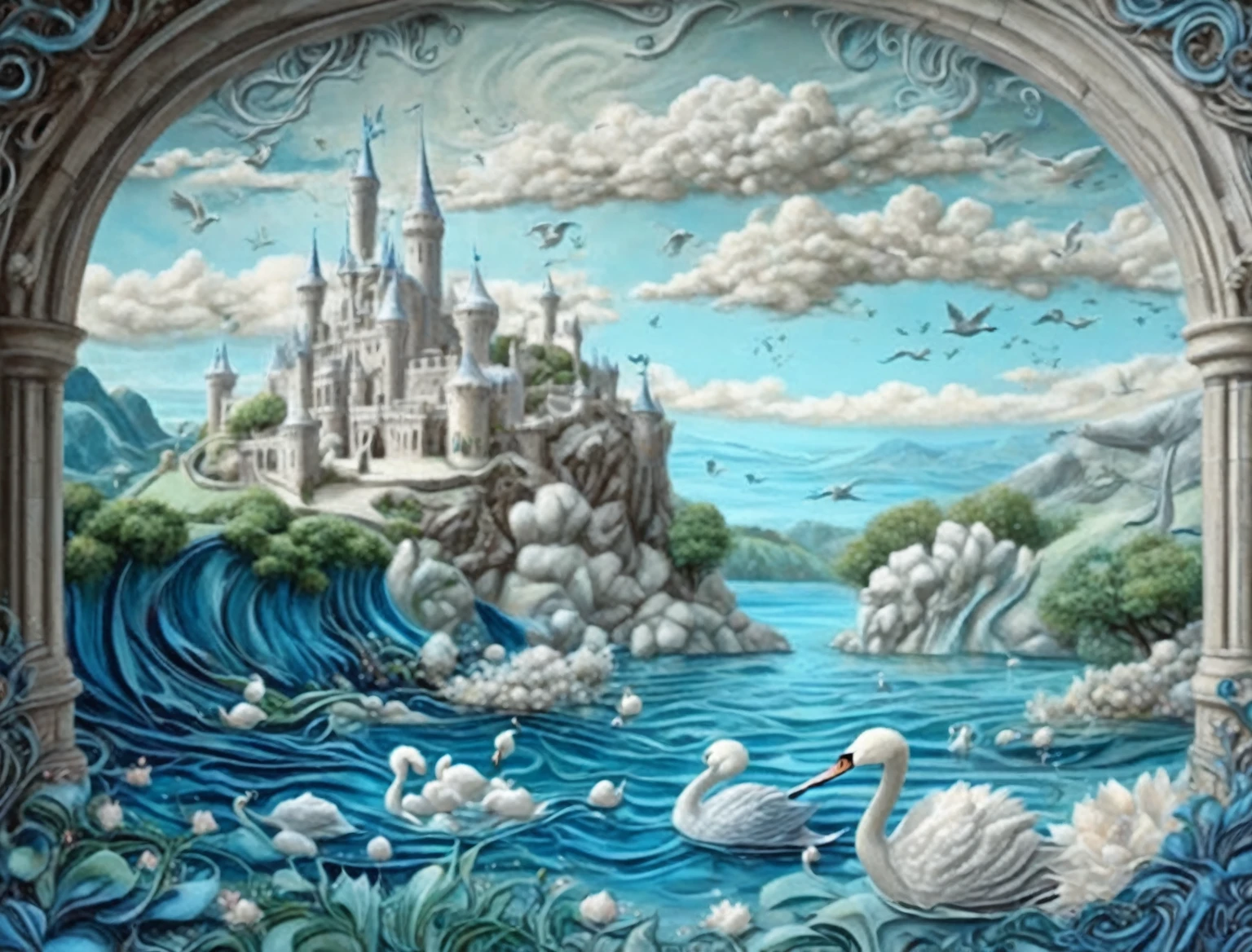 picture of a castle with swans and a swan in the water, fantasy highly detailed, difficult fantasy painting, fabulous work of art, beautiful detailed fantasy, ultra detailed mural, detailed dream landscape, whirling scene, whimsical fantasy landscape art, detailed 3d gothic oil painting, difficult realistic fantasy, Kerem couplet, dream landscape painting, highly detailed fantasy art, fantasy. difficult