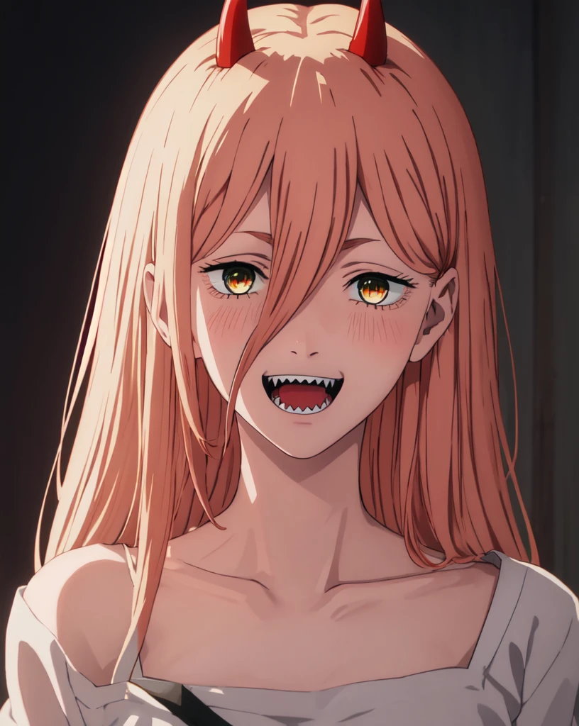 best quality, masterpiece, highres, solo, (power_chainsawman:1.10), 1girl, sharp teeth, portrait, open mouth, looking at viewer, smile, blush, parody, scene reference, anime_style, 10, upper half body covered, hd quality